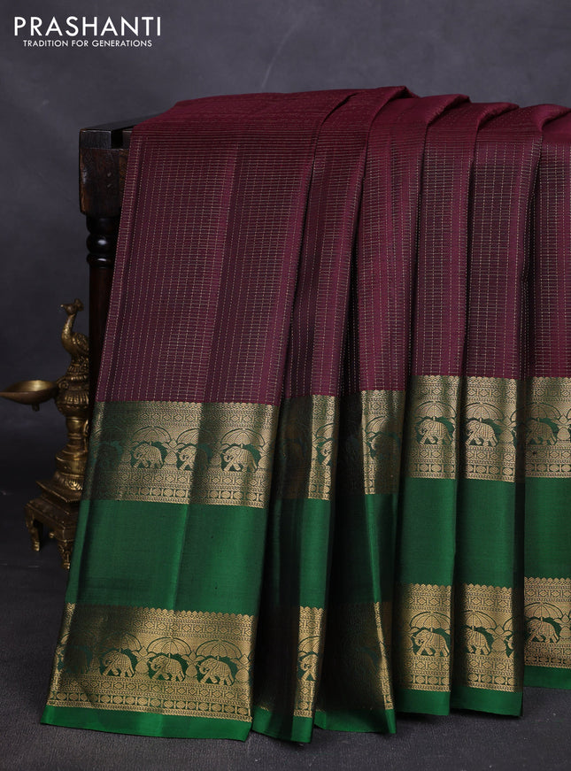 Pure kanchipuram silk saree wine shade and green with allover small zari woven checked pattern and long rettapet zari woven border