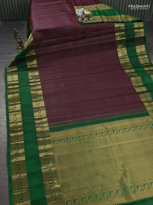 Pure kanchipuram silk saree wine shade and green with allover small zari woven checked pattern and long rettapet zari woven border