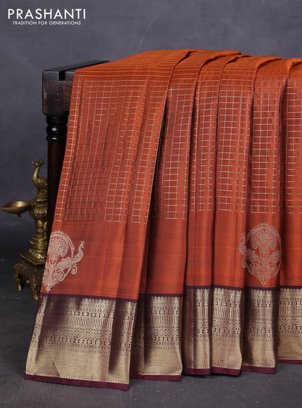 Pure kanchipuram silk saree rust shade and deep maroon with allover samll zari woven checked pattern and rich zari woven border
