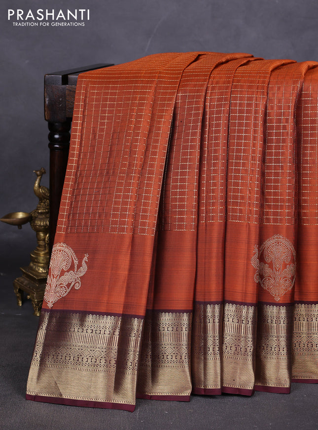 Pure kanchipuram silk saree rust shade and deep maroon with allover samll zari woven checked pattern and rich zari woven border