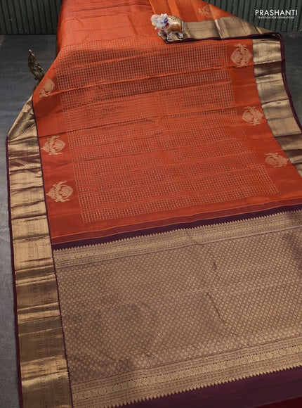 Pure kanchipuram silk saree rust shade and deep maroon with allover samll zari woven checked pattern and rich zari woven border