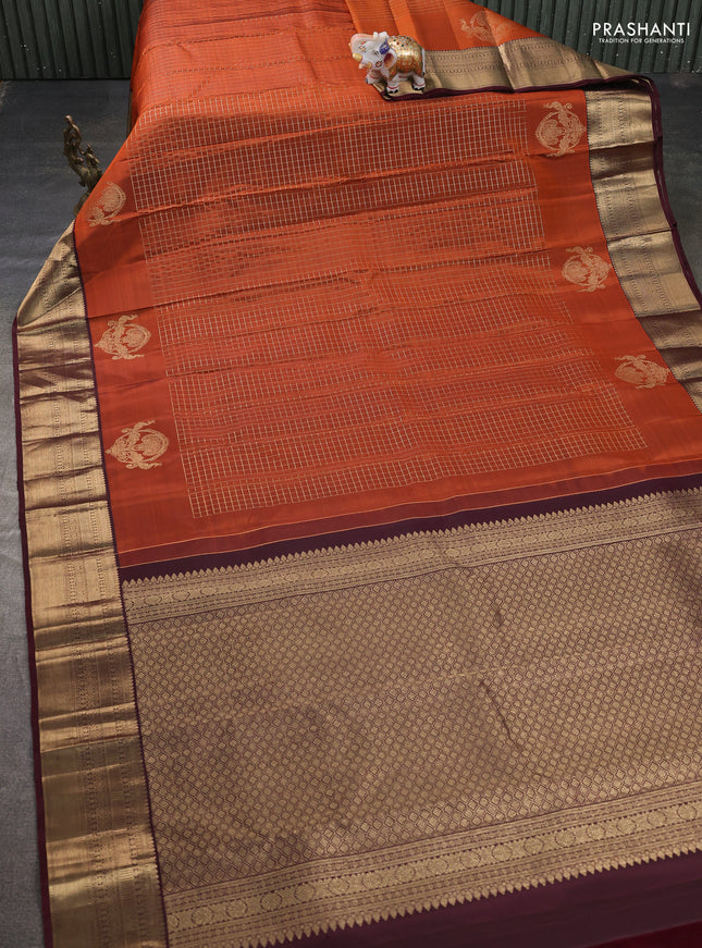 Pure kanchipuram silk saree rust shade and deep maroon with allover samll zari woven checked pattern and rich zari woven border