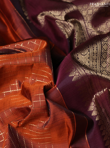 Pure kanchipuram silk saree rust shade and deep maroon with allover samll zari woven checked pattern and rich zari woven border