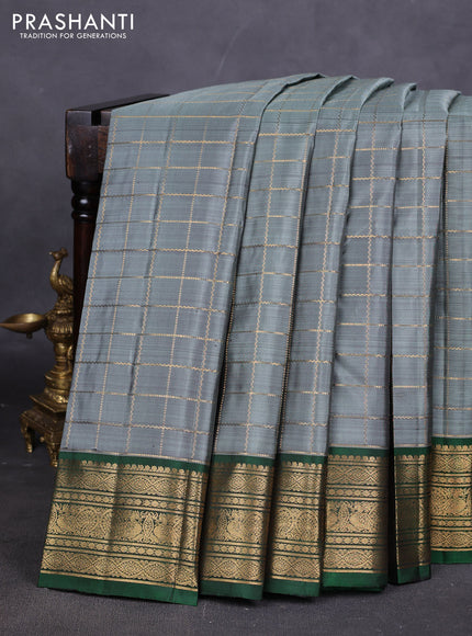 Pure kanchipuram silk saree grey and green with allover zari woven checked pattern and rich zari woven border