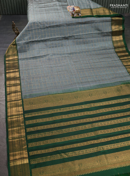 Pure kanchipuram silk saree grey and green with allover zari woven checked pattern and rich zari woven border