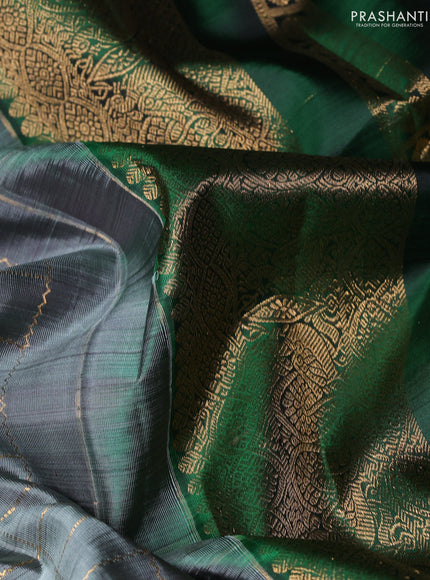 Pure kanchipuram silk saree grey and green with allover zari woven checked pattern and rich zari woven border