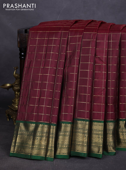 Pure kanchipuram silk saree maroon and green with allover zari woven checked pattern and rich zari woven border