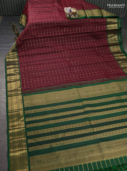 Pure kanchipuram silk saree maroon and green with allover zari woven checked pattern and rich zari woven border