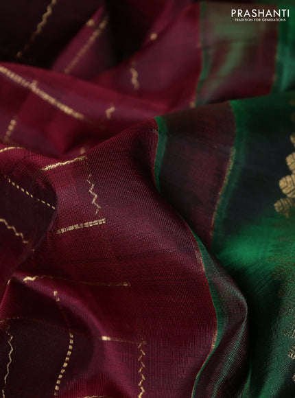 Pure kanchipuram silk saree maroon and green with allover zari woven checked pattern and rich zari woven border