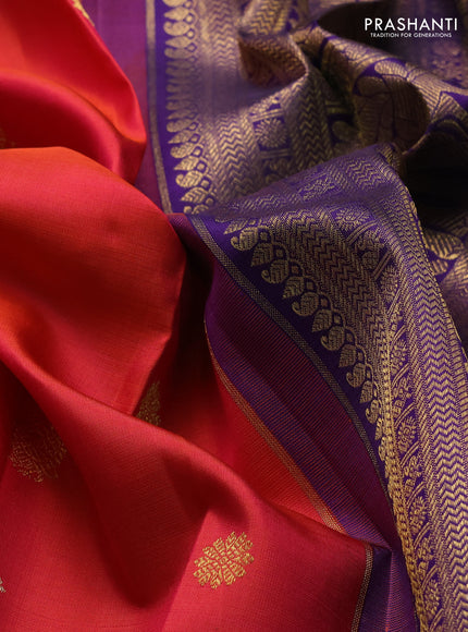 Pure kanchipuram silk saree dual shade of pinkish orange and violet with zari woven buttas and rich zari woven korvai border