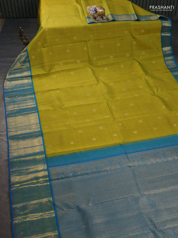 Pure kanchipuram silk saree lime green and cs blue with zari woven buttas and long zari woven border