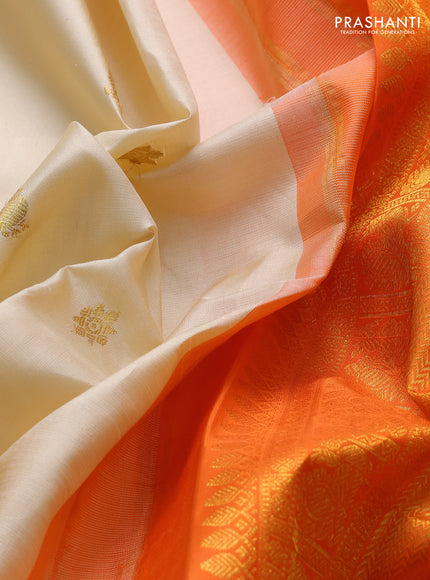 Pure kanchipuram silk saree cream and orange with zari woven buttas and rich zari woven border