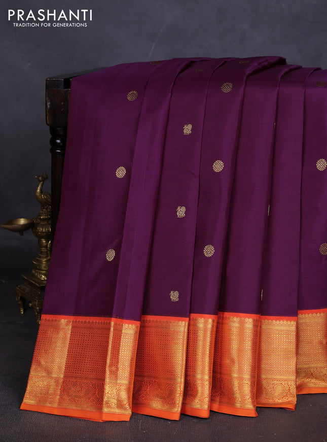 Pure kanchipuram silk saree purple and orange with zari woven buttas and rich zari woven border
