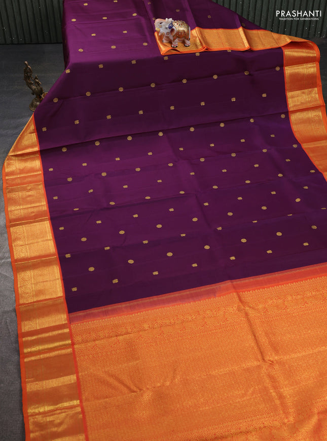 Pure kanchipuram silk saree purple and orange with zari woven buttas and rich zari woven border