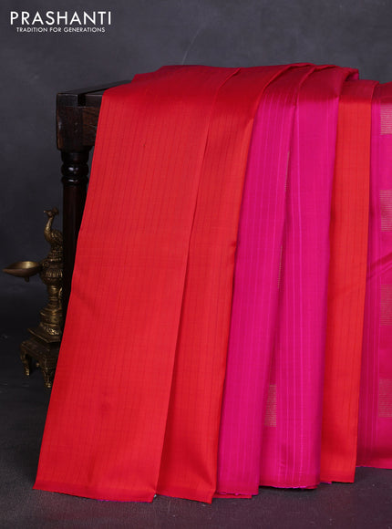Pure kanchipuram silk saree orange and pink with zari woven geometric buttas in borderless style