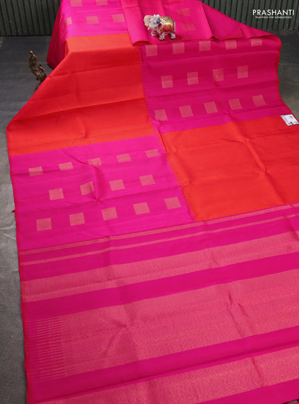 Pure kanchipuram silk saree orange and pink with zari woven geometric buttas in borderless style