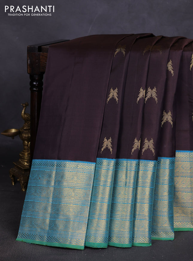 Pure kanchipuram silk saree coffee brown and cs blue with zari woven buttas and long zari woven border