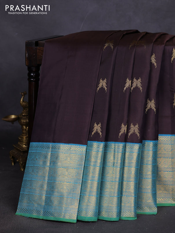 Pure kanchipuram silk saree coffee brown and cs blue with zari woven buttas and long zari woven border