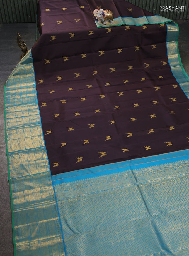 Pure kanchipuram silk saree coffee brown and cs blue with zari woven buttas and long zari woven border