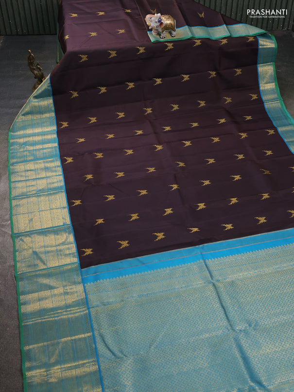 Pure kanchipuram silk saree coffee brown and cs blue with zari woven buttas and long zari woven border