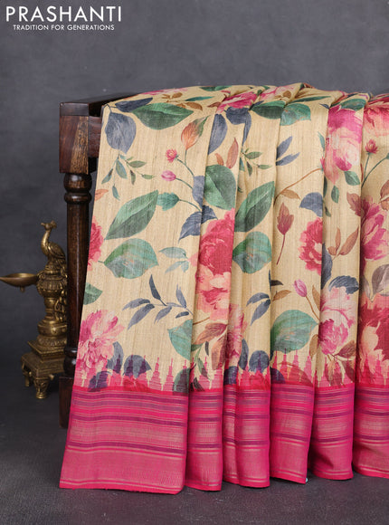 Pure tussar silk saree beige and pink with allover floral prints and temple design zari woven border
