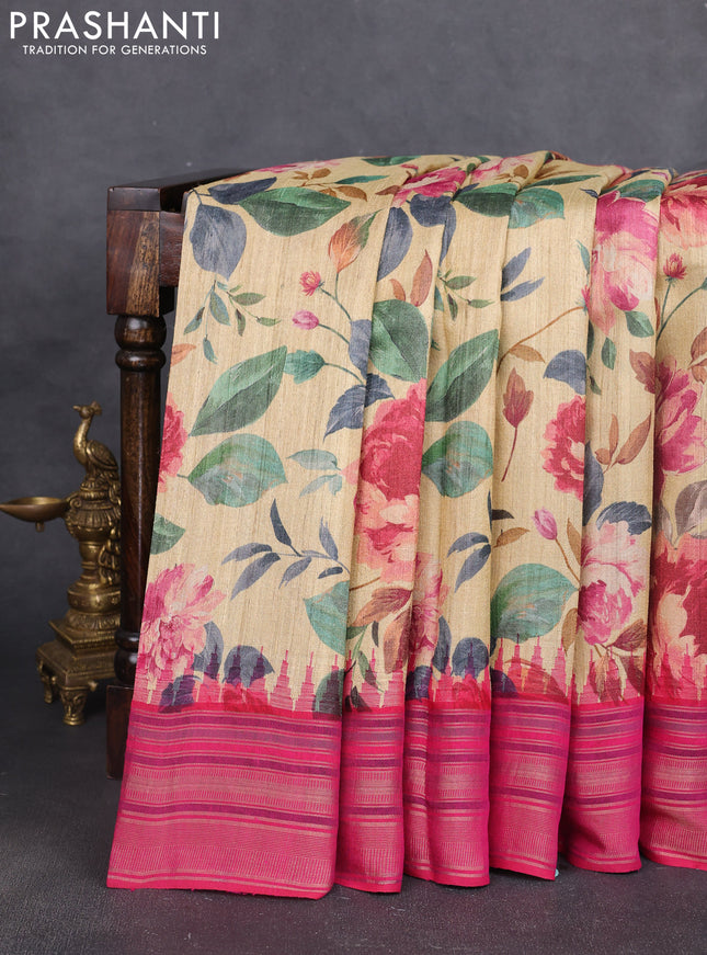 Pure tussar silk saree beige and pink with allover floral prints and temple design zari woven border
