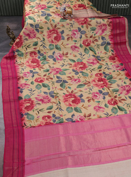 Pure tussar silk saree beige and pink with allover floral prints and temple design zari woven border
