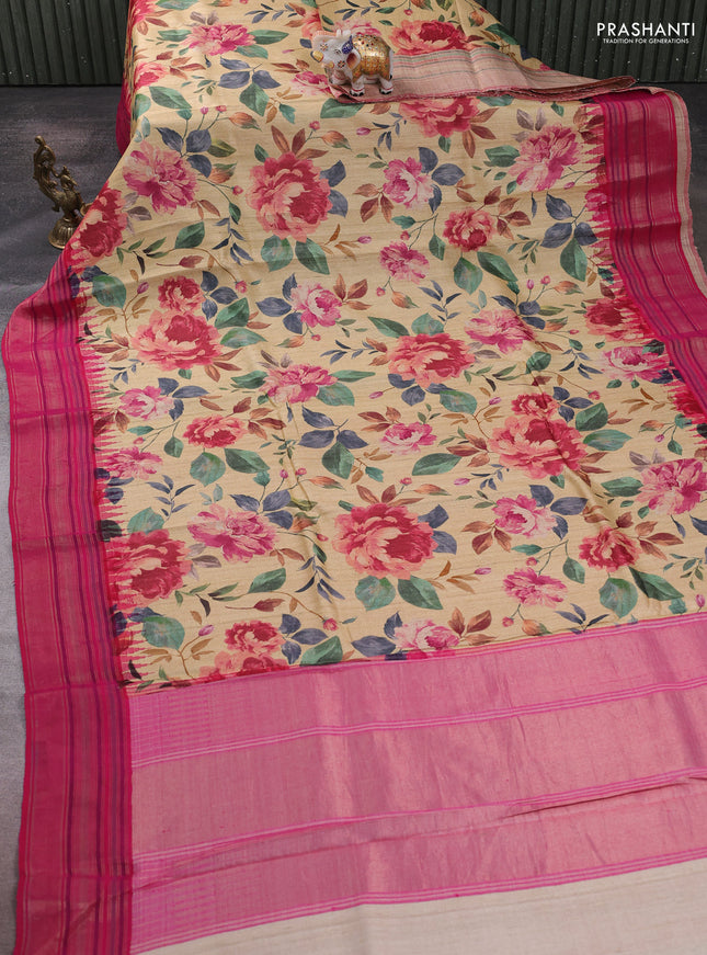 Pure tussar silk saree beige and pink with allover floral prints and temple design zari woven border