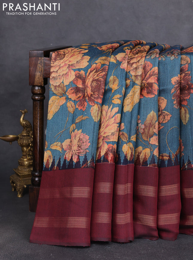 Pure tussar silk saree peacock green and deep maroon with allover floral prints and long temple design rettapet zari woven border