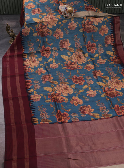 Pure tussar silk saree peacock green and deep maroon with allover floral prints and long temple design rettapet zari woven border