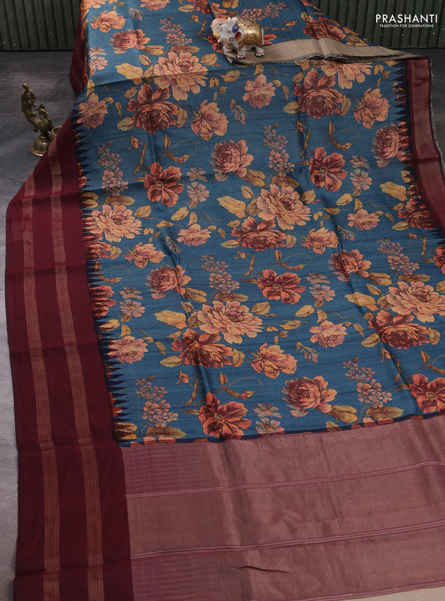 Pure tussar silk saree peacock green and deep maroon with allover floral prints and long temple design rettapet zari woven border