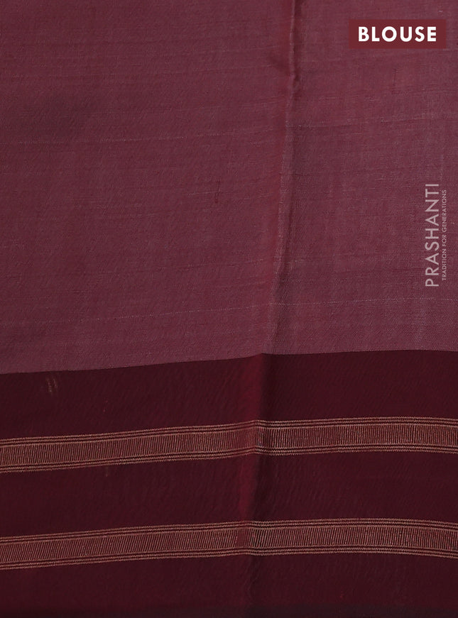 Pure tussar silk saree peacock green and deep maroon with allover floral prints and long temple design rettapet zari woven border