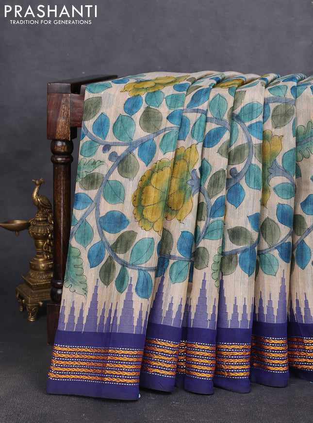 Pure tussar silk saree beige and navy blue with allover kalamkari prints and temple design vidharbha border