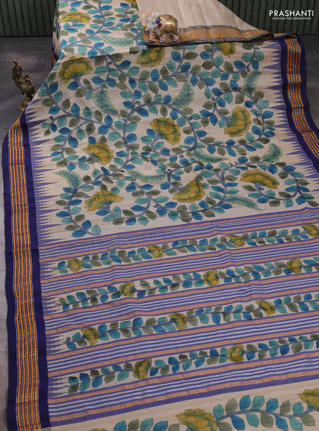 Pure tussar silk saree beige and navy blue with allover kalamkari prints and temple design vidharbha border