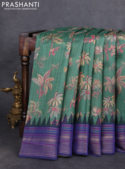 Pure tussar silk saree green and navy blue with allover floral prints and temple design zari woven border