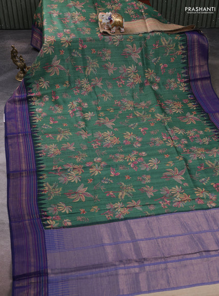 Pure tussar silk saree green and navy blue with allover floral prints and temple design zari woven border