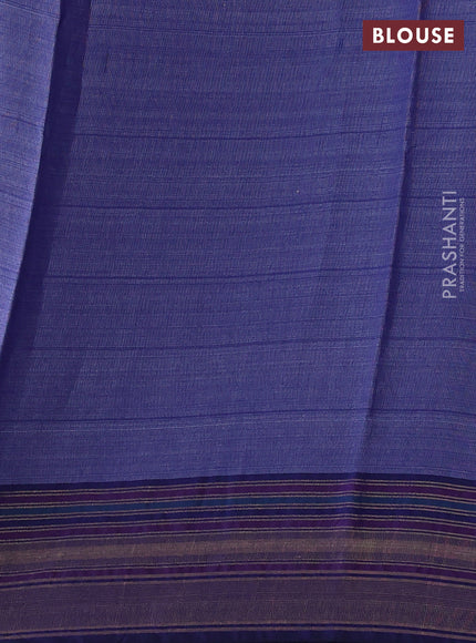 Pure tussar silk saree green and navy blue with allover floral prints and temple design zari woven border