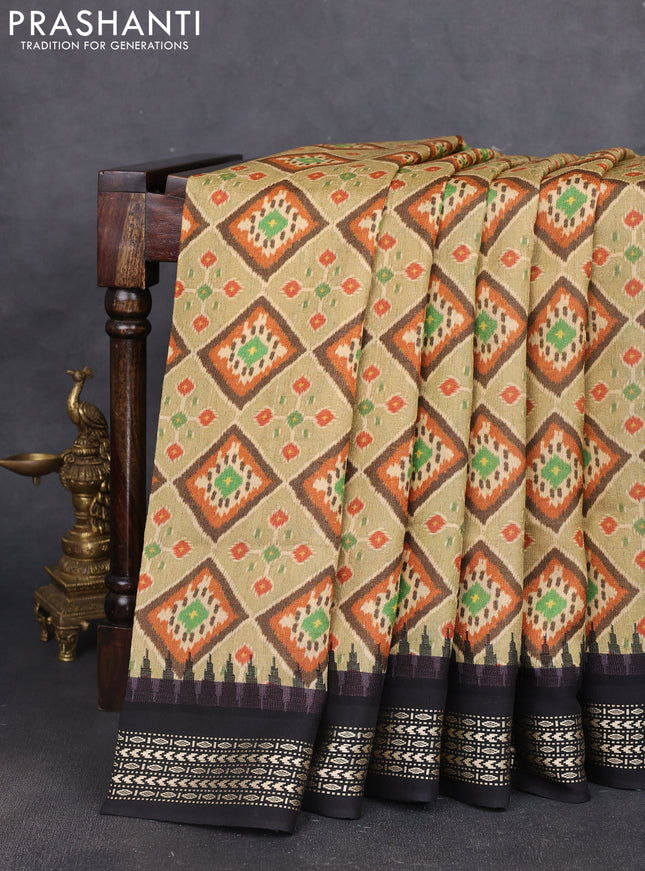 Pure tussar silk saree pista green and black with allover geomatric prints and temple design vidharbha border