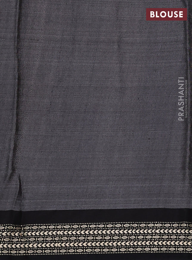 Pure tussar silk saree pista green and black with allover geomatric prints and temple design vidharbha border