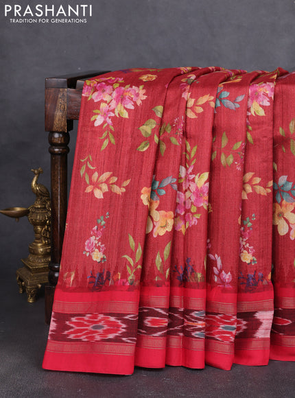 Pure tussar silk saree maroon and red with allover floral prints and temple design ikat woven border