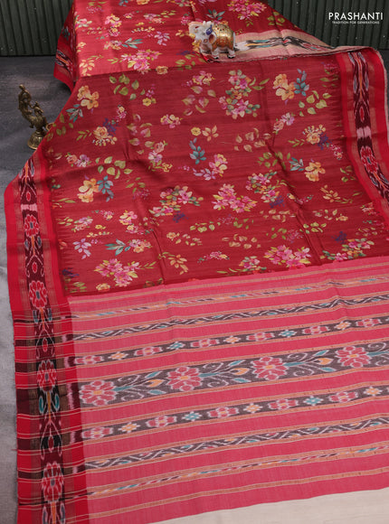 Pure tussar silk saree maroon and red with allover floral prints and temple design ikat woven border