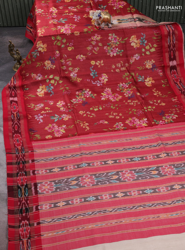 Pure tussar silk saree maroon and red with allover floral prints and temple design ikat woven border