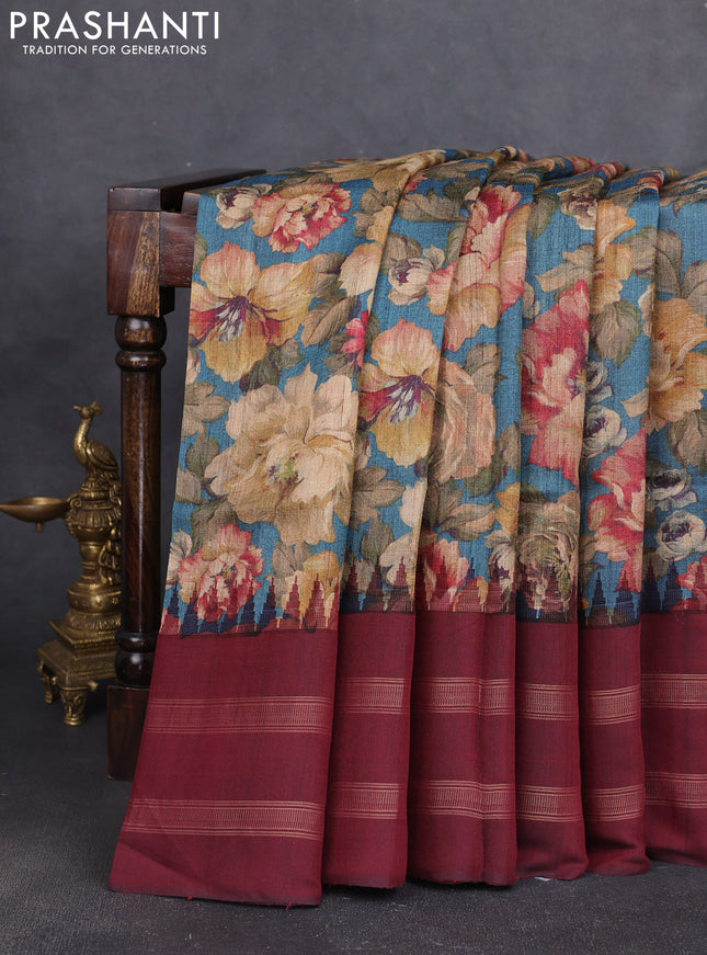 Pure tussar silk saree peacock blue  and deep maroon with allover floral prints and temple design zari woven border