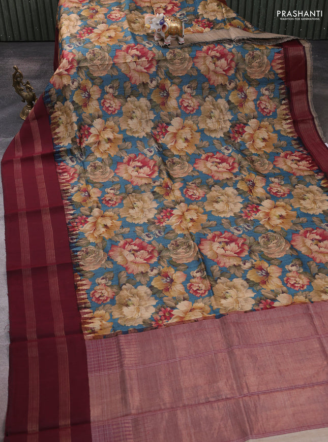 Pure tussar silk saree peacock blue  and deep maroon with allover floral prints and temple design zari woven border