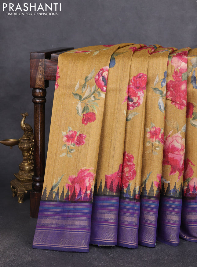Pure tussar silk saree mustard yellow and navy blue with allover floral prints and temple design zari woven border
