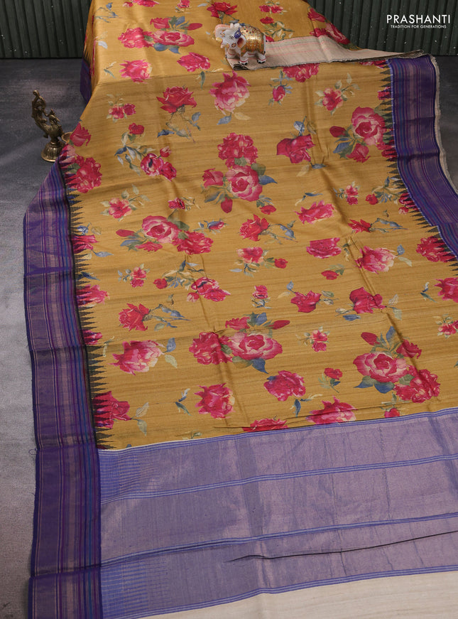 Pure tussar silk saree mustard yellow and navy blue with allover floral prints and temple design zari woven border