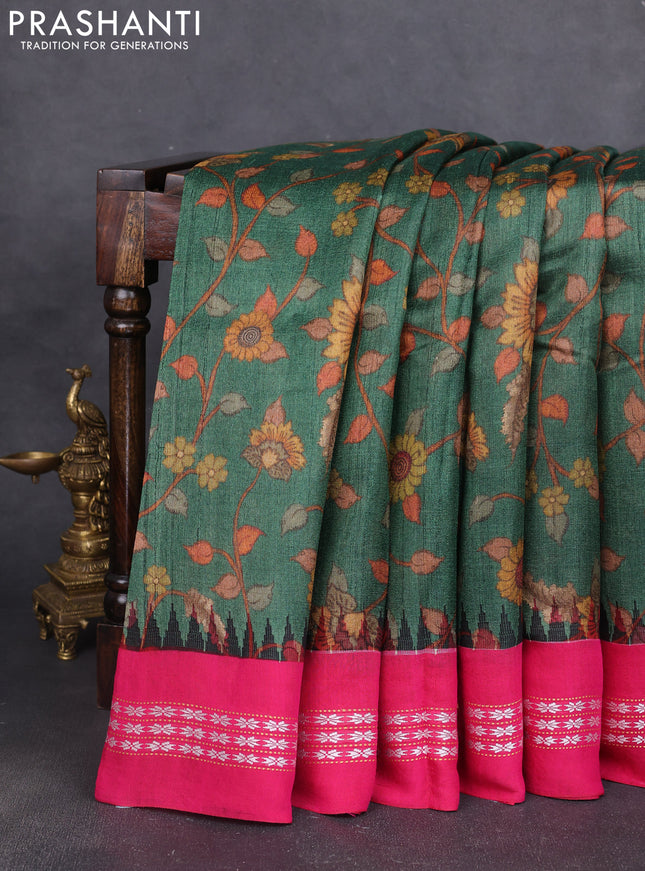 Pure tussar silk saree green and pink with allover kalamkari prints and temple design vidharbha border