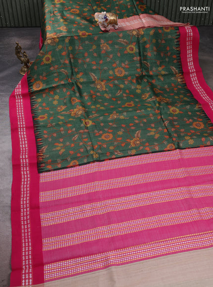 Pure tussar silk saree green and pink with allover kalamkari prints and temple design vidharbha border