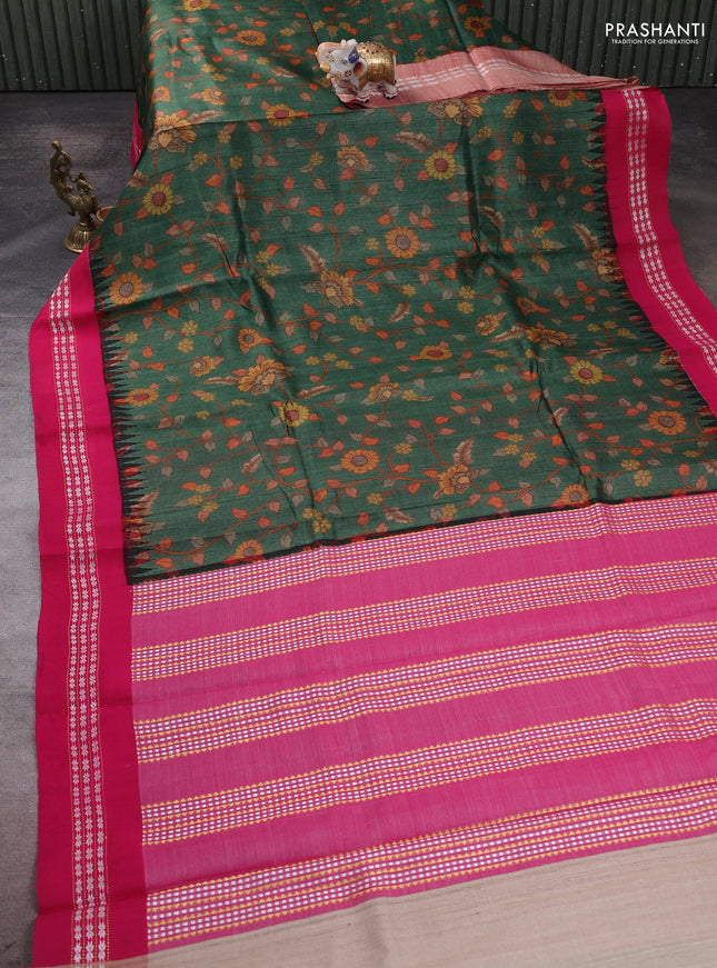 Pure tussar silk saree green and pink with allover kalamkari prints and temple design vidharbha border