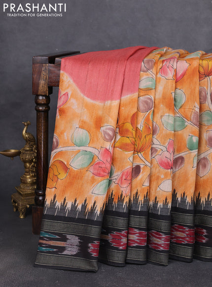 Pure tussar silk saree orange and black with allover kalamkari prints and temple design ikat zari woven border